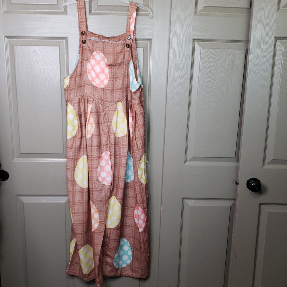 Wide Leg Printed Easter Egg Overalls Jumper With Earrings Size Medium
